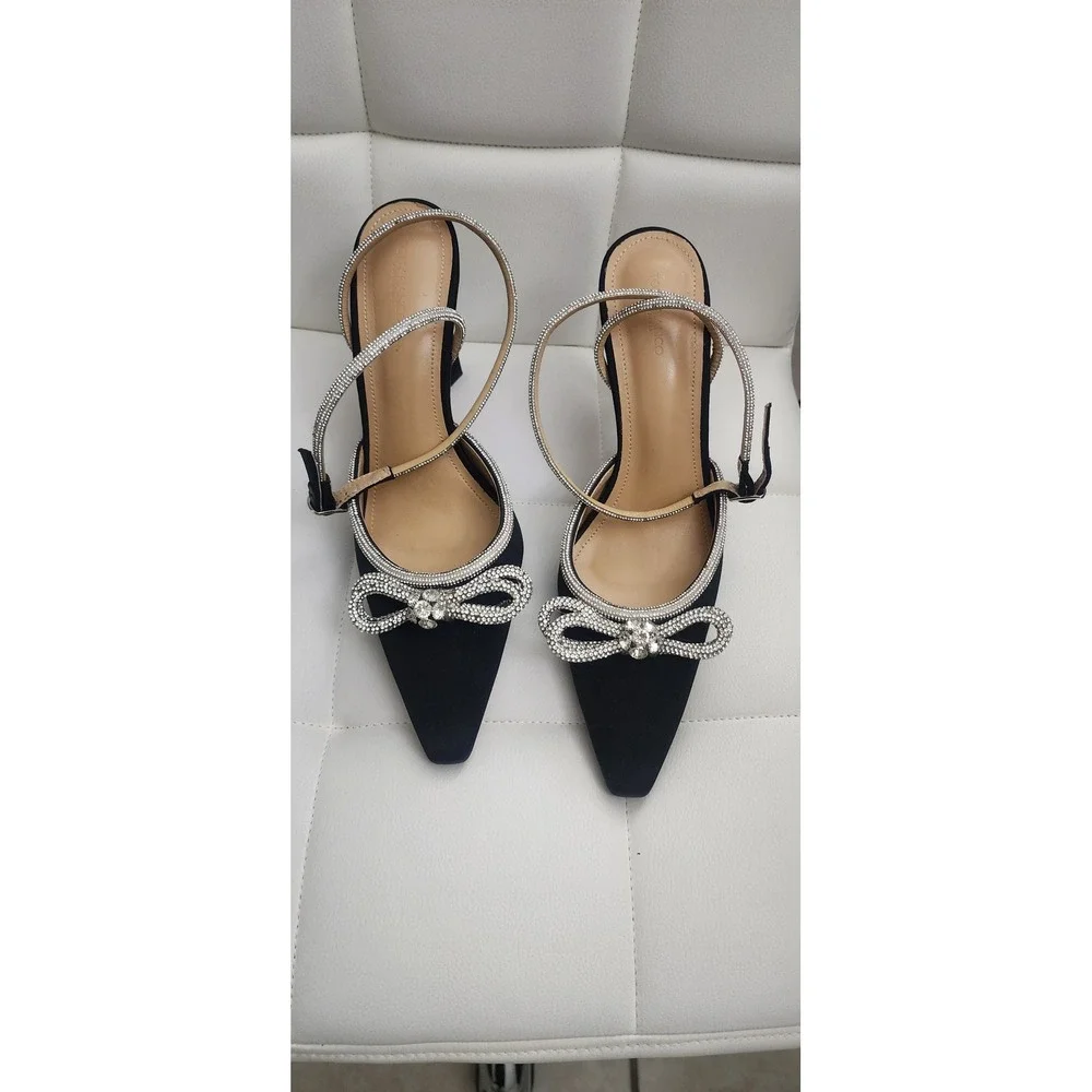 Tony‎ Bianco Black Satin Rhinestone Bow Pointed Toe Block Heel Pumps Womens